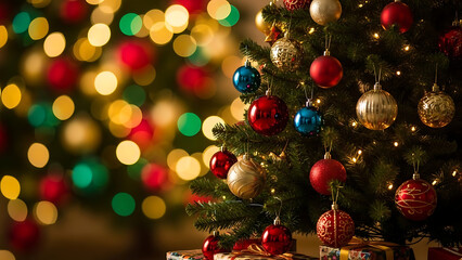 Festive Christmas Tree Adorned with Ornaments and Bokeh Lights, Symbolizing Holiday Cheer