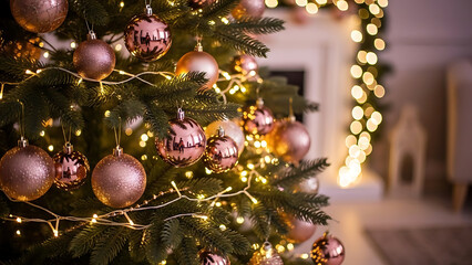 Festive Close-Up of a Decorated Christmas Tree with Warm, Twinkling Lights and Rose Gold Ornaments