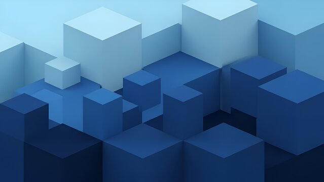 Abstract geometric arrangement of blue and white cubes creating depth and shadow