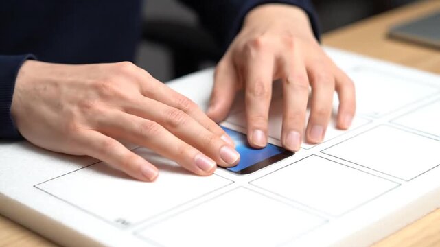 Hands place a small smartphone screen mockup onto a white grid surface