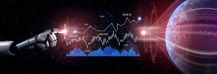 A stunning visualization of a robotic hand reaching towards data graphs and a distant planet, symbolizing innovation and the future of technology in a cosmic setting. Scalp