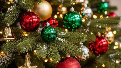 Close-up of a decorated Christmas tree with shiny ornaments, bells, and glowing lights, creating a festive holiday atmosphere