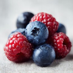 Fresh raspberries and blueberries piled together on a neutral background