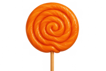 Orange spiral lollipop candy on a stick with swirl pattern, sweet sugar treat for childhood fun, transparent background