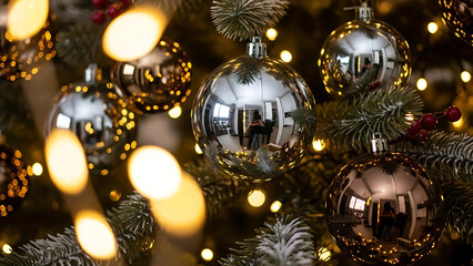 Close-up of reflective Christmas ornaments with blurred bokeh lights, creating a festive and magical holiday atmosphere