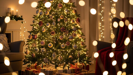 Beautifully Lit Christmas Tree in a Cozy Home Interior, Surrounded by Gifts and Soft Bokeh Lights, Capturing the Essence of Holiday Cheer and Winter Magic