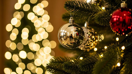 Festive Christmas tree adorned with glittering ornaments and warm, blurry bokeh lights, symbolizing the joy and magic of holiday celebrations