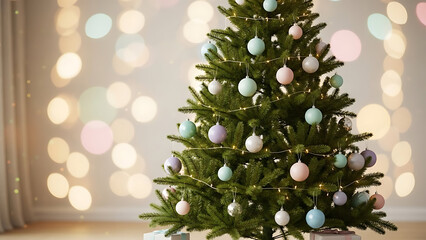 Decorated Christmas tree with pastel ornaments and warm, blurred background lights, creating a magical ambiance for joyful holiday season celebrations