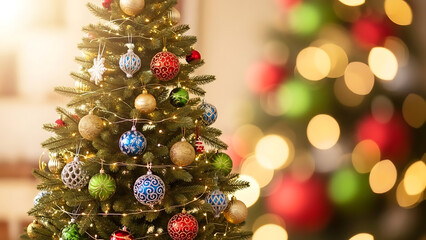 Brightly illuminated Christmas tree adorned with colorful baubles and twinkling string lights, creating a warm and festive atmosphere with a beautiful bokeh background