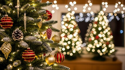 Magnificent evergreen Christmas tree branches illuminated by sparkling lights and adorned with vibrant baubles, capturing the essence of holiday cheer and celebration indoors during the festive season