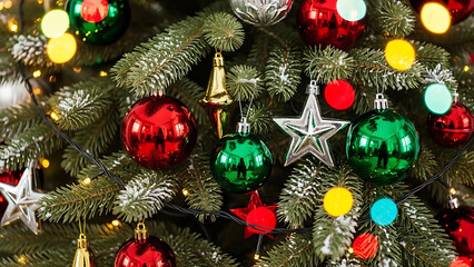 Close-up of a decorated Christmas tree with ornaments and lights, capturing the festive holiday spirit