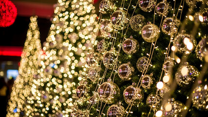 Close-up of a row of decorated Christmas trees adorned with sparkling ornaments and glowing fairy lights, evoking a festive holiday atmosphere