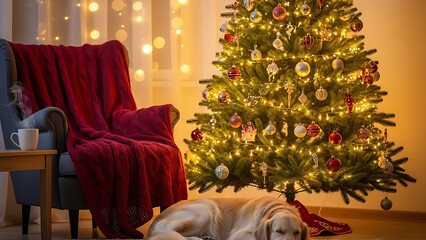 Warm glow of Christmas lights illuminates a peaceful scene with a sleeping dog beside a festive tree and a cozy armchair, embodying holiday comfort and tranquility