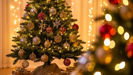Warm glow of festive Christmas trees, beautifully adorned with sparkling lights and colorful ornaments, creating a joyful ambiance of holiday cheer for winter celebrations