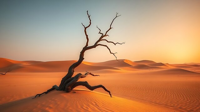wasteland. A single twisted tree stands in a vast desert landscape during the golden hour. travel magazines, destination branding, designed for outdoor magazines and nature guides.