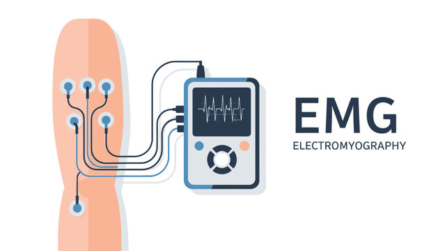 Electromyography (EMG) diagnostic test illustration with electrodes and monitor.