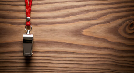 A silver whistle on a red lanyard hanging on a rustic wooden surface, symbolizing sports and achievement