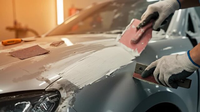 Mechanic repairing car body with filler. Hands applying putty to a dent on a grey vehicle in a garage. Auto body repair concept