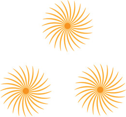 Three orange swirling abstract sun shapes