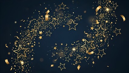 Elegant golden stars and confetti on dark blue background for festive events