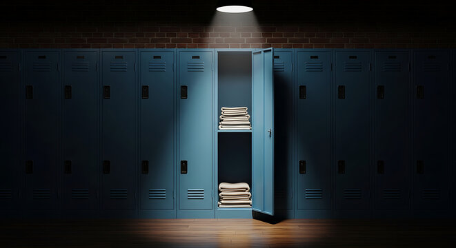 A single open locker bathed in a focused spotlight, revealing neatly folded items within a dark, empty room