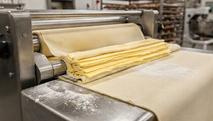 Industrial pastry machine folding dough and butter meticulously to form even laminated layers for buttery Danish pastries in a commercial kitchen.