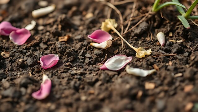 trampled. A garden soil surface with trampled flower petals and broken stems in soft daylight. ESG reports, sustainability campaigns, designed for sustainability communications and ESG reporting.