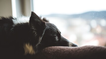 collie. Border collie relaxing on a plush couch, soft natural light highlighting its fur. wildlife magazines, conservation campaigns, designed for nature documentaries and education.