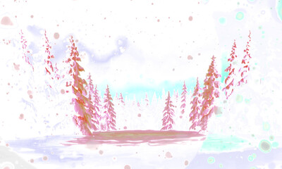 Abstract pastel winter forest landscape with soft snowfall, glowing pink trees, dreamy seasonal background illustration for creative design