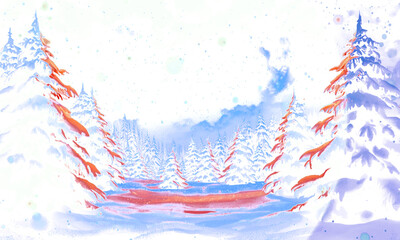 Abstract winter forest landscape with snowy trees, glowing orange accents, fantasy seasonal background illustration for festive design use