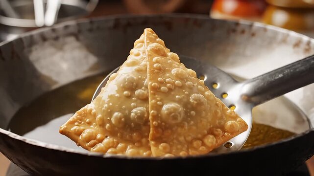 Deep Frying Samosas in Hot Oil.