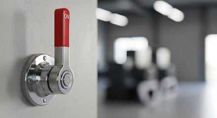 Close-up industrial lever switch with a red handle, highlighting machinery in a factory