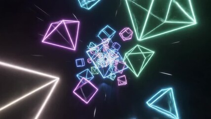 A dynamic digital tunnel with glowing neon wireframe shapes and colorful light trails creating a futuristic visual experience - Powered by Adobe