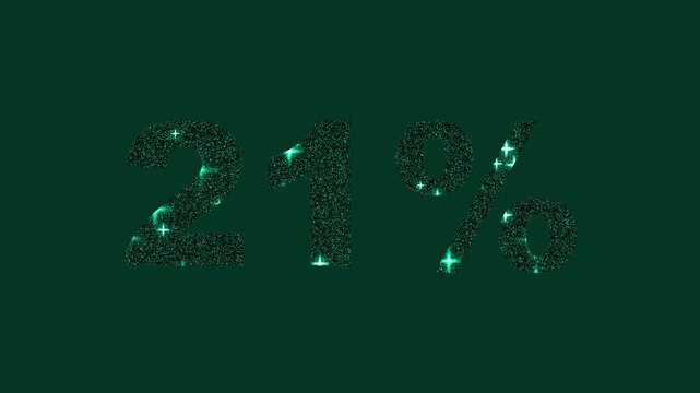 Twenty One Percent Sparkling Gold Glitter Number With Starbursts On Dark Green Background 21 percent