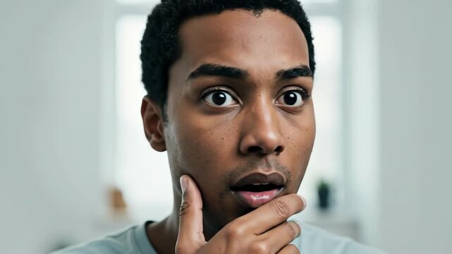 Portrait of a shocked young Black man looking at the camera with wide eyes. Surprised African American male touching his chin in disbelief. Expression of realization or amazement