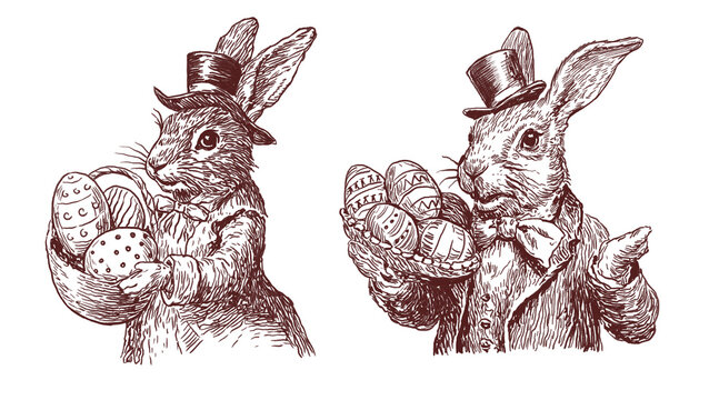 Easter bunny holding decorated eggs Victorian illustration, styled as a 19th century antique engraving with detailed cross-hatching PNG