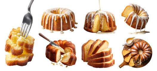 Set of bundt cake dessert, Butter ring shape moist pastry, wooden serve board, sugar glaze drizzle, knife, stack broken slice pile bitten, transparent cutout PNG. Many different angle Mockup template