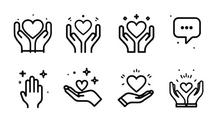 line icons of hands holding hearts and speech bubbles