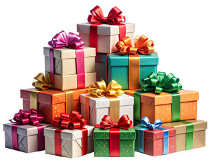 A set of Christmas gift boxes in various sizes each wrapped with shiny colorful ribb