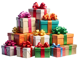 A set of Christmas gift boxes in various sizes each wrapped with shiny colorful ribb