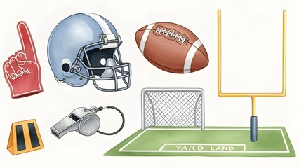 Illustrated collection of American football equipment and accessories on a white background
