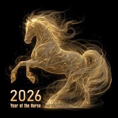 2026 Year of the Horse Chinese Zodiac. Golden glowing horse on black background, fantasy astrology and lunar New Year symbol
