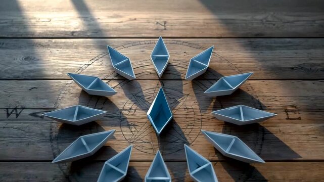 Blue folded paper boats arranged in circular compass pattern on wooden surface