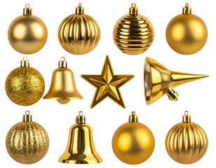 A set of luxurious golden Christmas decorations including a shiny ball a metallic