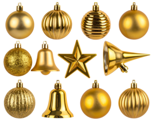 A set of luxurious golden Christmas decorations including a shiny ball a metallic