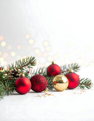 Latar belakang Natal yang meriah dengan ornamen merah, pita, dan pohon pinus hijau yang dihias