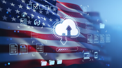 Cloud storage and data transfer concept with digital hologram icons over USA flag background representing online network and remote internet technology.