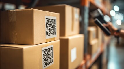 Closeup of smarttagged boxes being scanned by a handheld device with a shallow focus on the tag and blurred warehouse shelves in the background for advanced tracking.