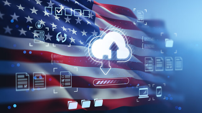 Cloud storage and data transfer concept with digital hologram icons over USA flag background representing online network and remote internet technology. - Powered by Adobe