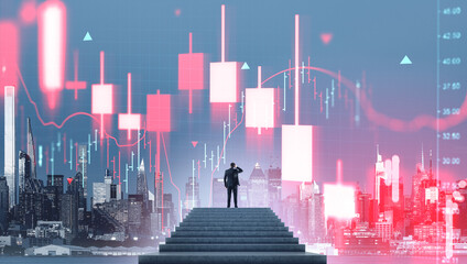 Businessman observing stock market crash chart with red candles